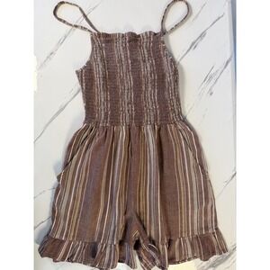 Angie Romper Womens M Brown Striped Smocked Bodice Boho Ruffle Hem Pockets